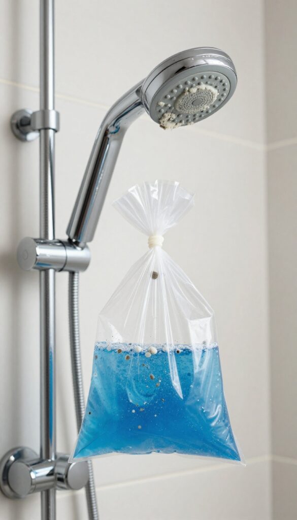 Shower head with limescale soaking in a blue descaling solution in a plastic bag