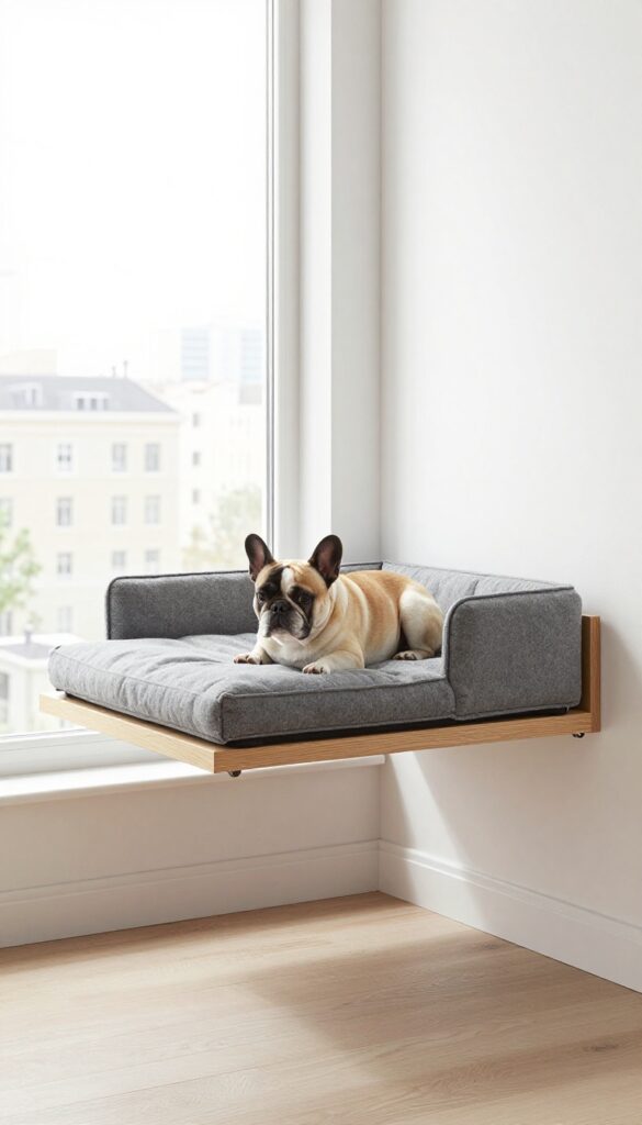 Wall-mounted alcove dog bed in a modern apartment with a small dog resting on it.