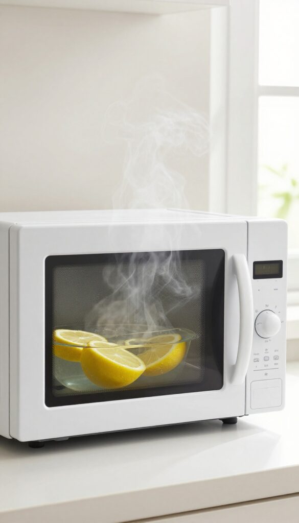 Clean microwave interior with steam and lemon slices