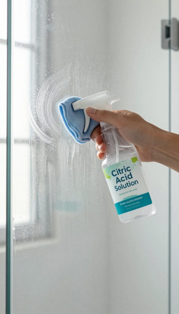 Cleaning glass shower door with citric acid spray and microfiber cloth, removing hard water stains