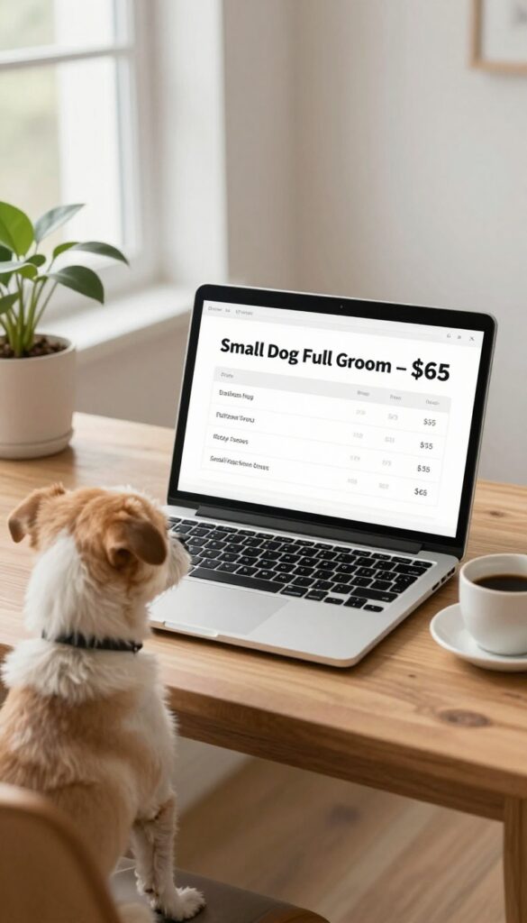 Laptop showing transparent pricing for dog grooming services with a dog beside it