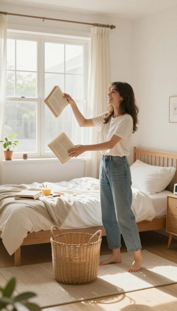 Woman tossing a book into a basket during a five-minute cleaning frenzy in a bright bedroom