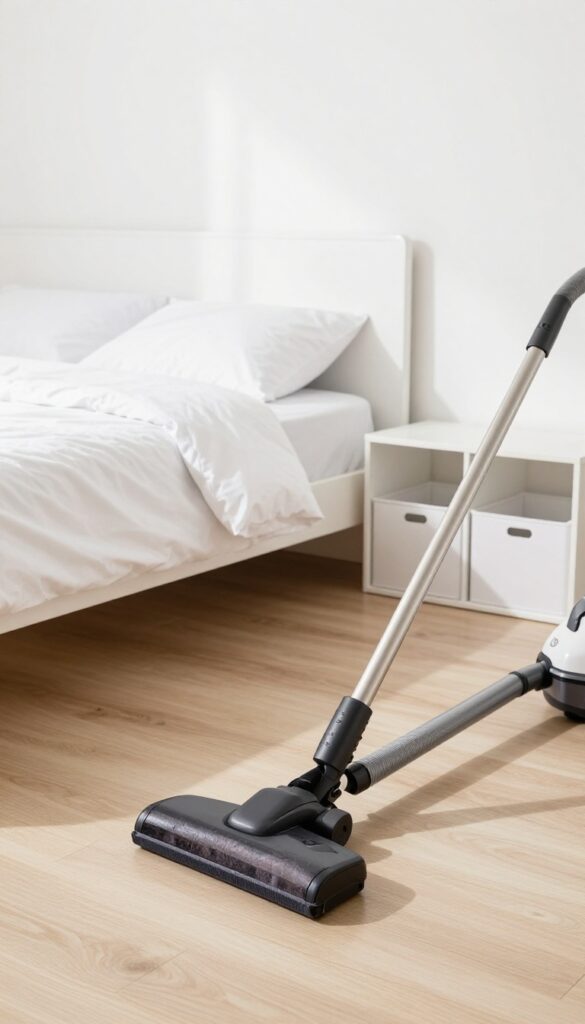 A clean space under a bed with a vacuum cleaner and flat mop, organized storage bins, bright natural light, minimalist bedroom decor.