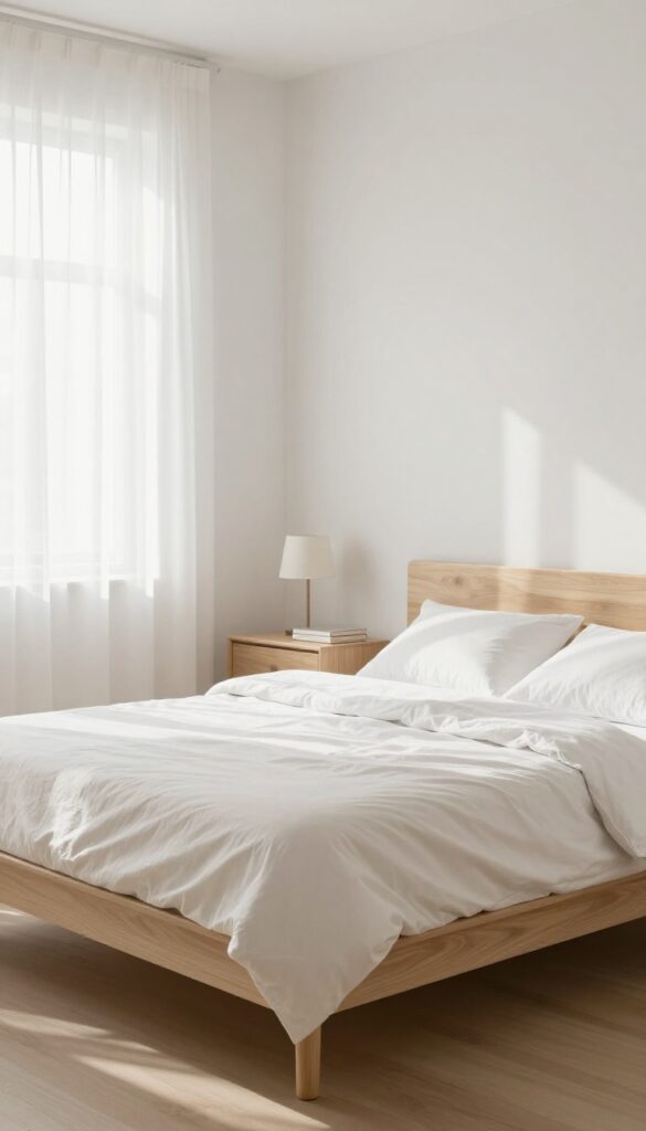 Minimalist bedroom with clean lines, natural light, and uncluttered surfaces