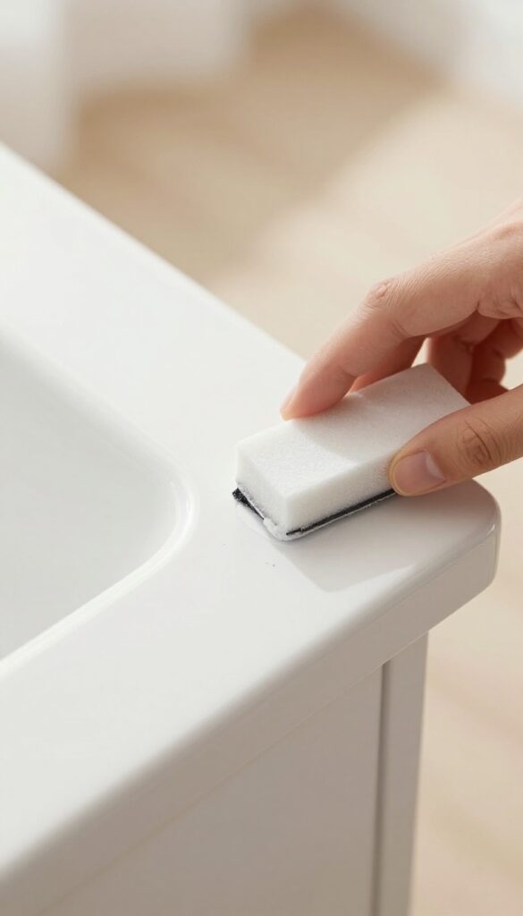 Hand using a magic eraser to clean a scuff mark on a white baseboard.