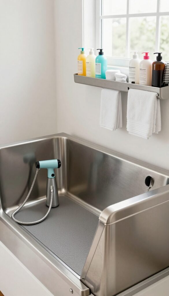 Dog grooming station in garage with wash tub, sprayer, and supplies