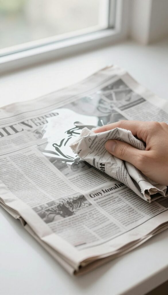 Hand wiping a mirror with crumpled newspaper, bright natural light, clean reflection