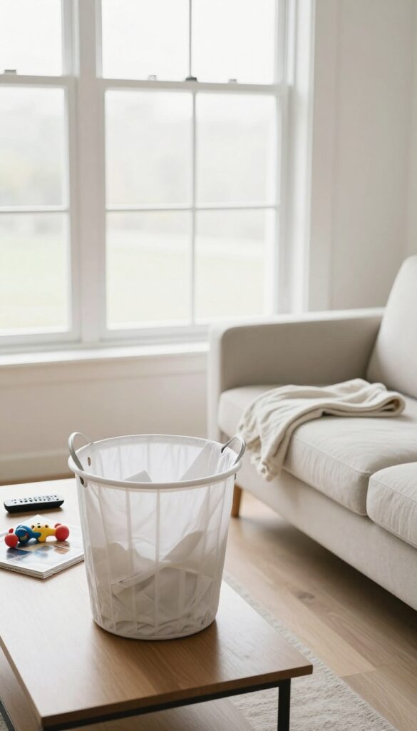 Living room with a laundry basket full of clutter on a coffee table, bright natural light, clean and organized space.