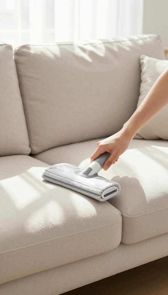 Cleaning under furniture with a Swiffer in a bright apartment