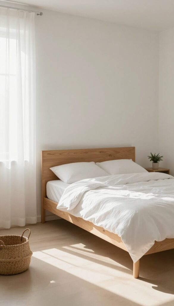 A made bed in a sunlit, tidy bedroom with white linens and a calm atmosphere.