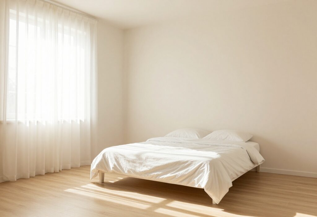 Clean and organized bedroom with made bed and natural light