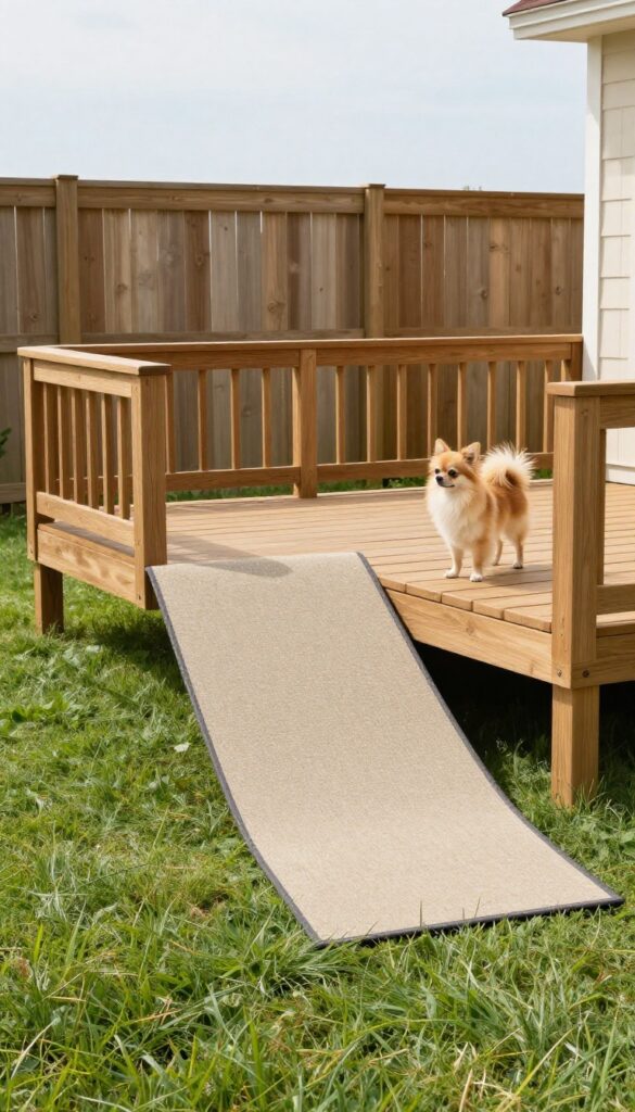 Small raised deck with ramp for a small dog in a sunny backyard