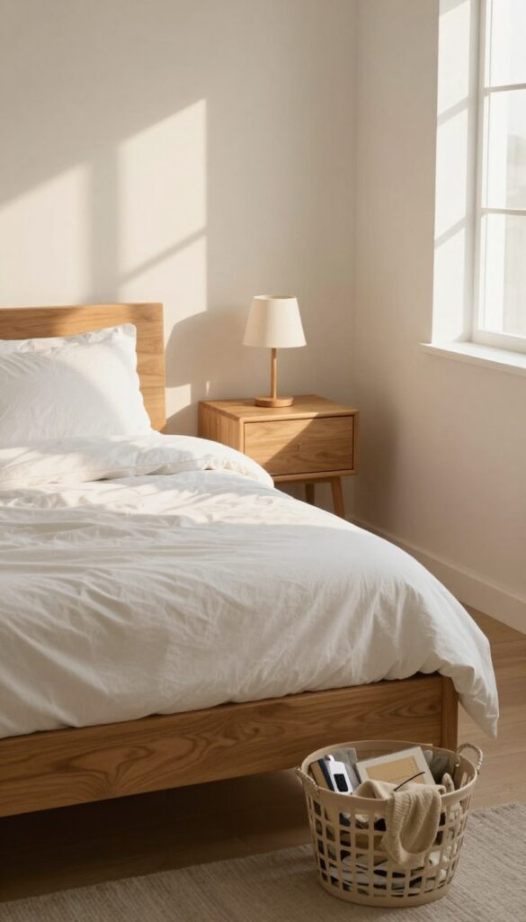 A tidy bedroom with a made bed, a nightstand, and a laundry basket collecting scattered items during a quick cleaning session.