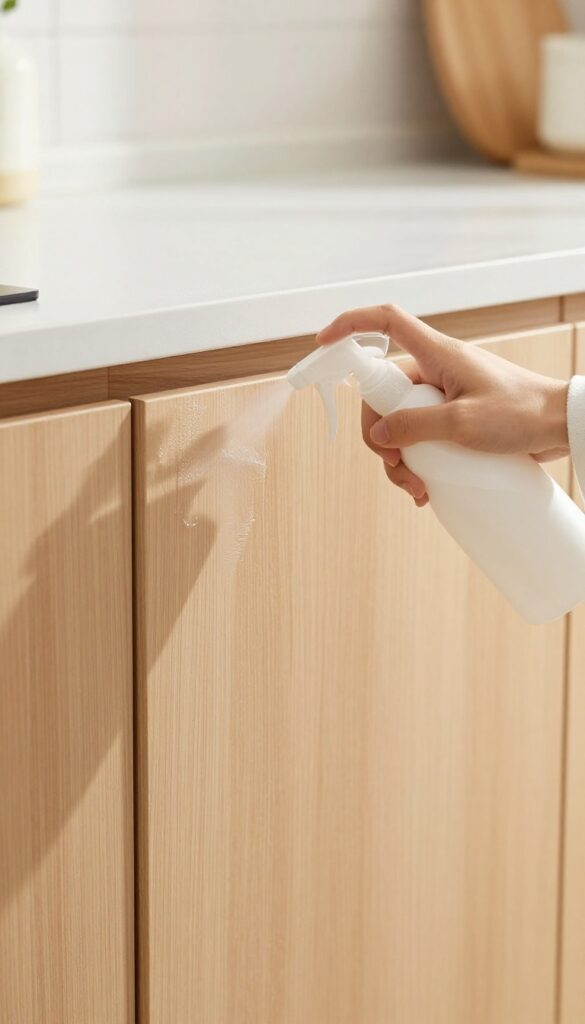 Hand spraying wood cleaner onto a microfiber cloth next to a clean finished kitchen cabinet