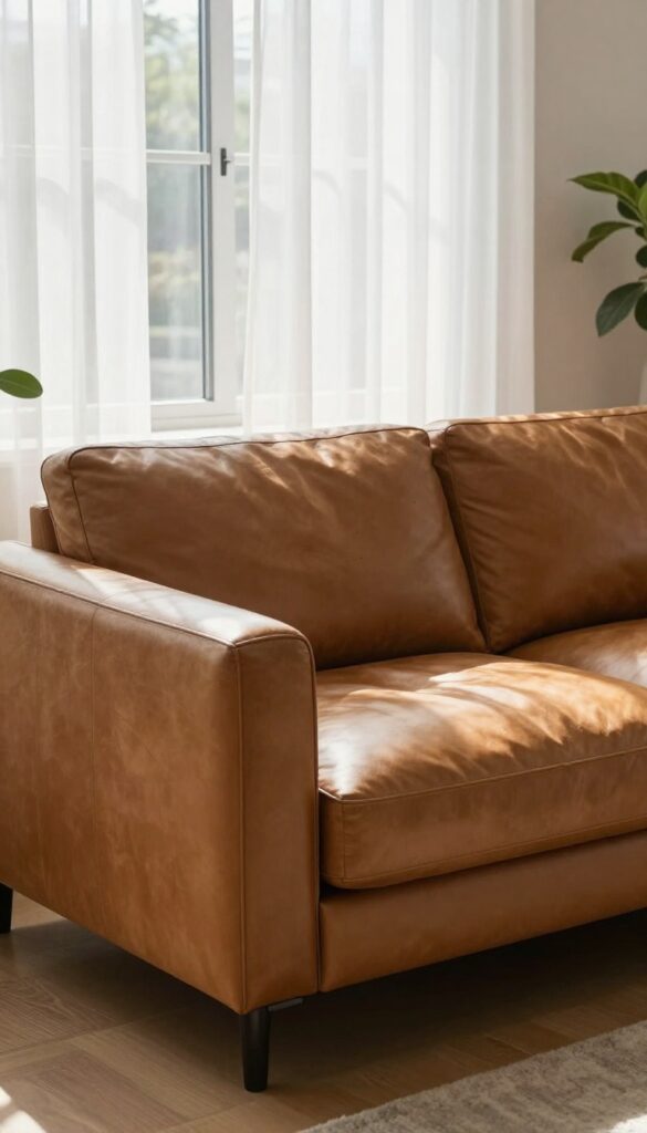 Leather couch near window with sunlight and sheer curtains, showing signs of fading and dryness
