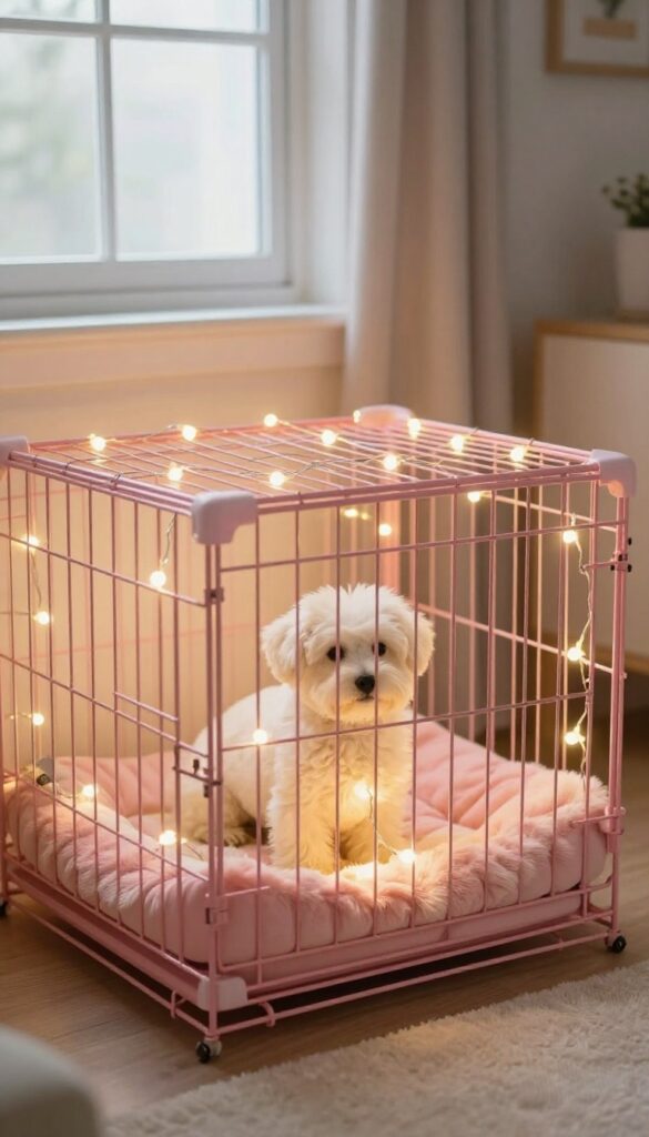 Pink dog crate with fairy lights, cozy pet corner