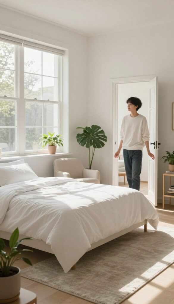 Person standing at doorway looking at clean, serene bedroom with sunlight