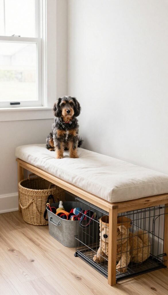 Built-in bench with storage over dog crate in mudroom