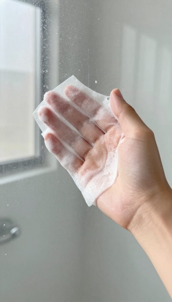 Hand scrubbing soap scum off a glass shower door with a used dryer sheet