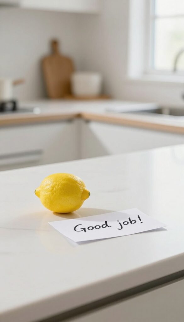 Clean kitchen counter with a lemon and a handwritten note saying 'Good job!' in soft natural light