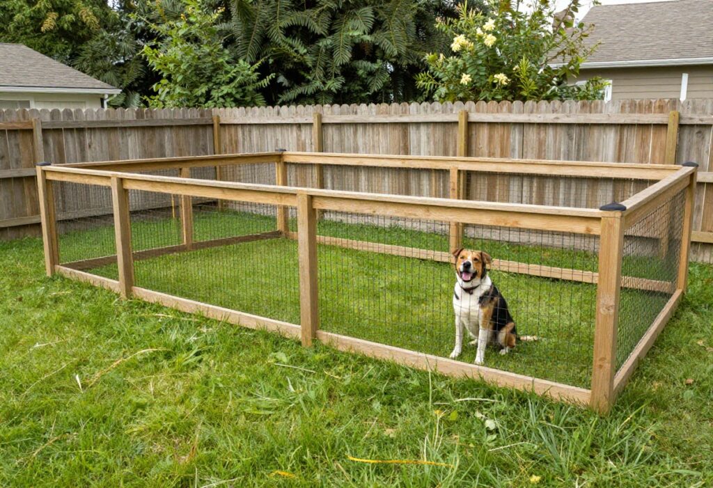Backyard dog run with wooden privacy fence and a dog sitting on grass