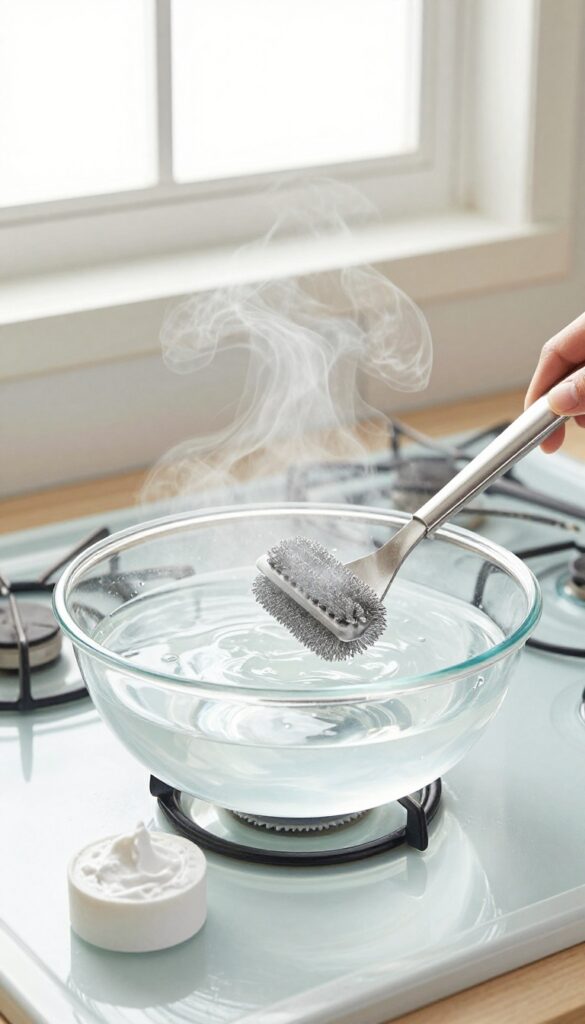 Clean stovetop with baking soda paste and oven racks soaking in hot water