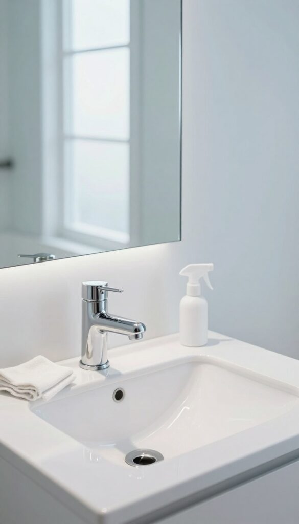 Clean bathroom sink and mirror with microfiber cloth and spray bottle