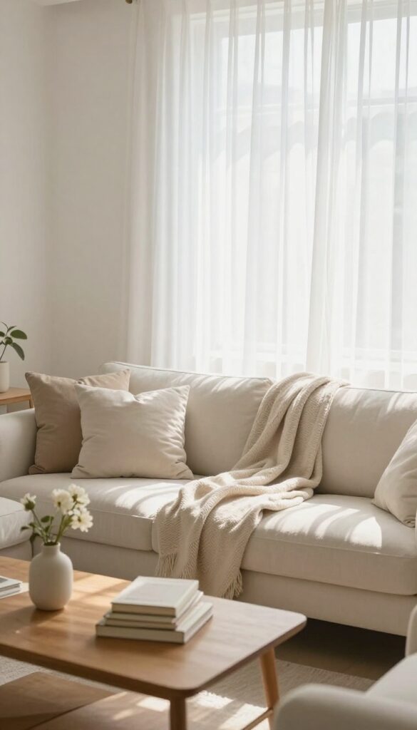 A serene living room with soft morning light, a cozy sofa, and a tidy coffee table, evoking a sense of calm and grace.