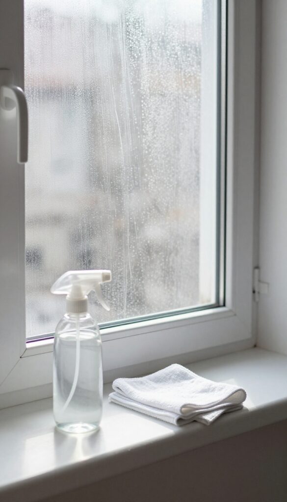 Streak-free window with rubbing alcohol cleaning solution and microfiber cloth