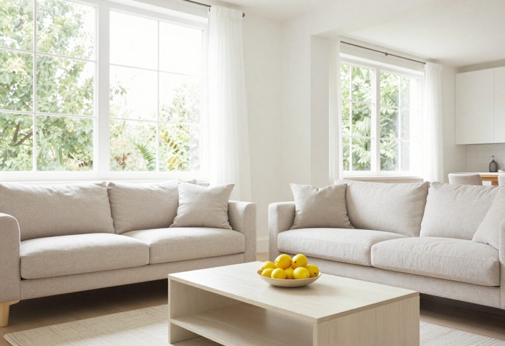 Bright and clean living room with sunlight and a bowl of lemons on a coffee table