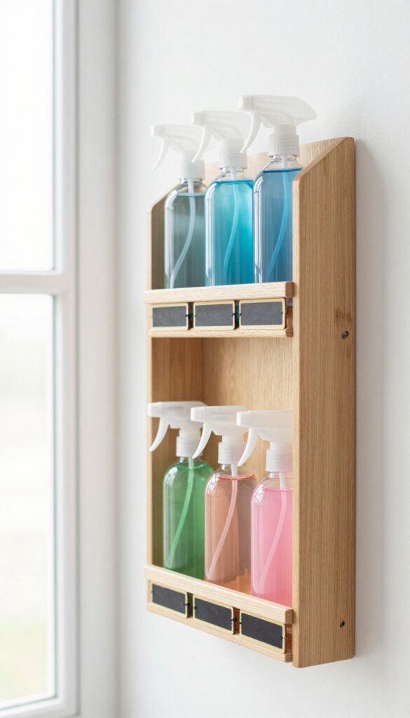 Wall-mounted spice rack holding small labeled cleaning bottles in a bright laundry room