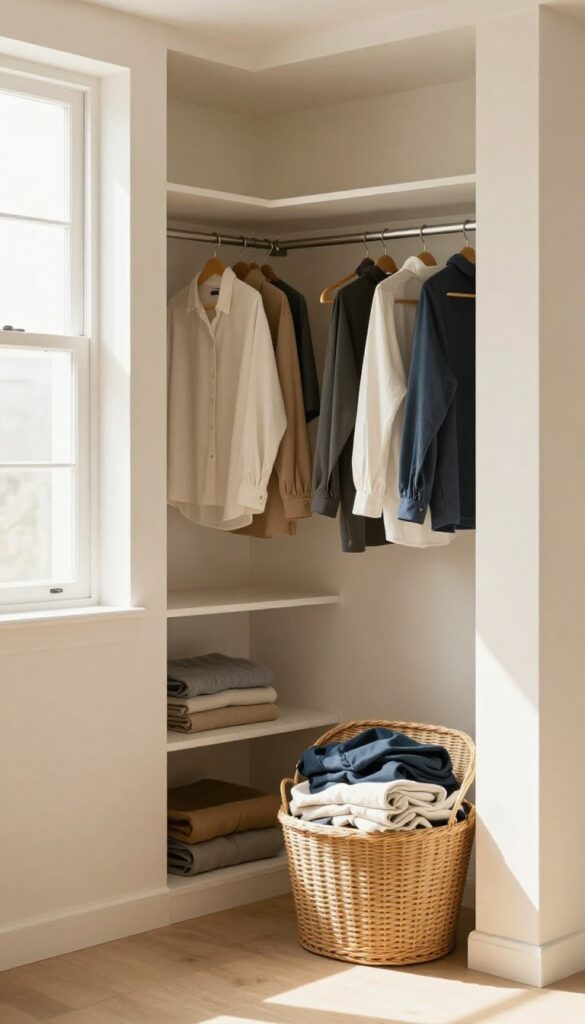 A small lidded hamper tucked in the corner of a bright, organized closet with natural light