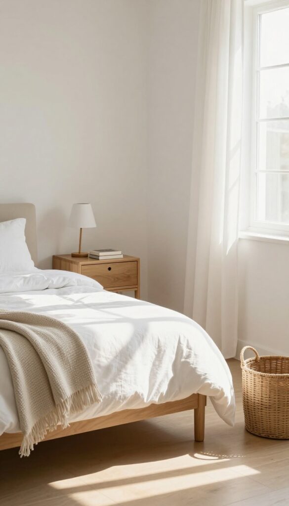 A clean and tidy bedroom with a made bed, clear surfaces, and a laundry basket, representing a 10-minute tidy routine.