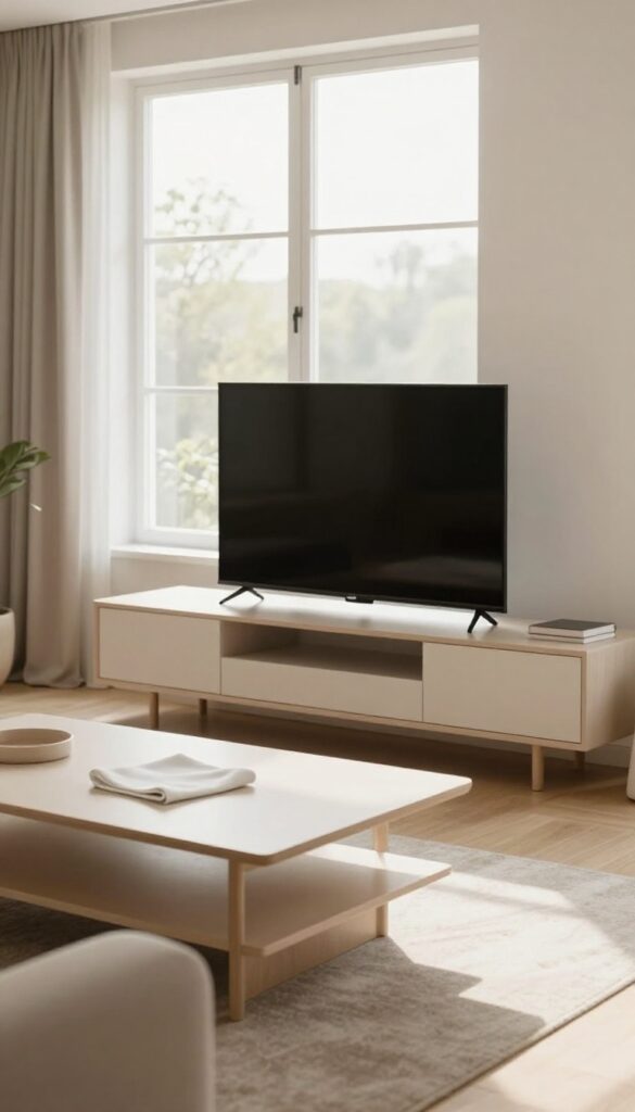 Clean living room with wiped hard surfaces, microfiber cloth on coffee table, bright natural light