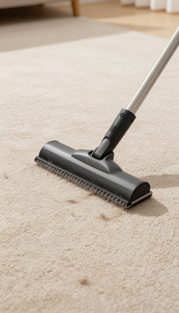Rubber squeegee gathering pet hair from a low-pile carpet in a bright living room