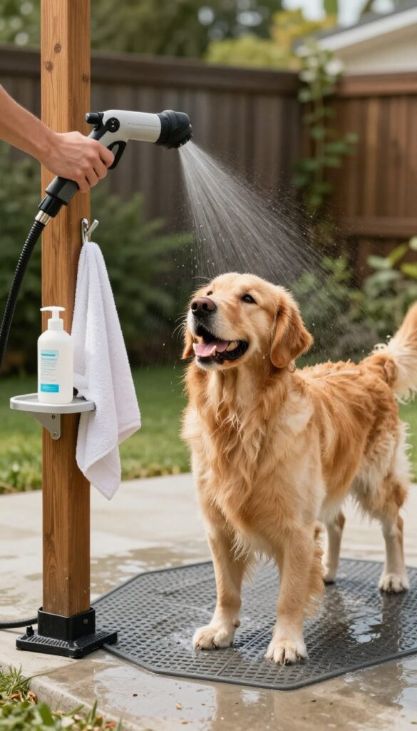 Outdoor dog wash station with sprayer, non-slip mat, and a golden retriever in a sunny backyard