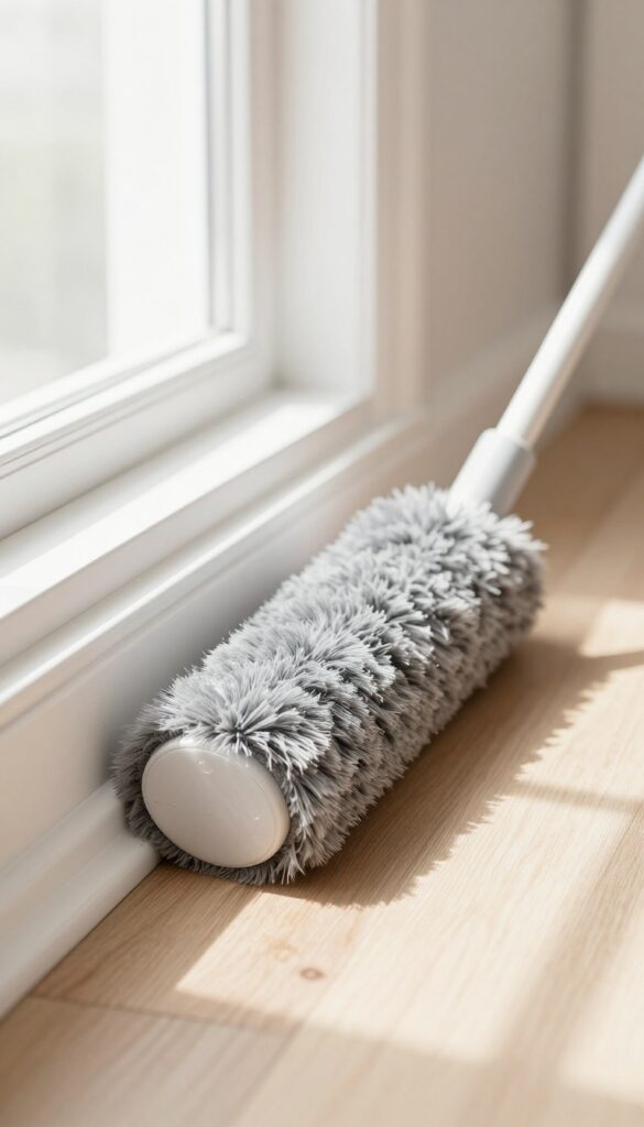 Extendable duster dusting a white baseboard in a bright room