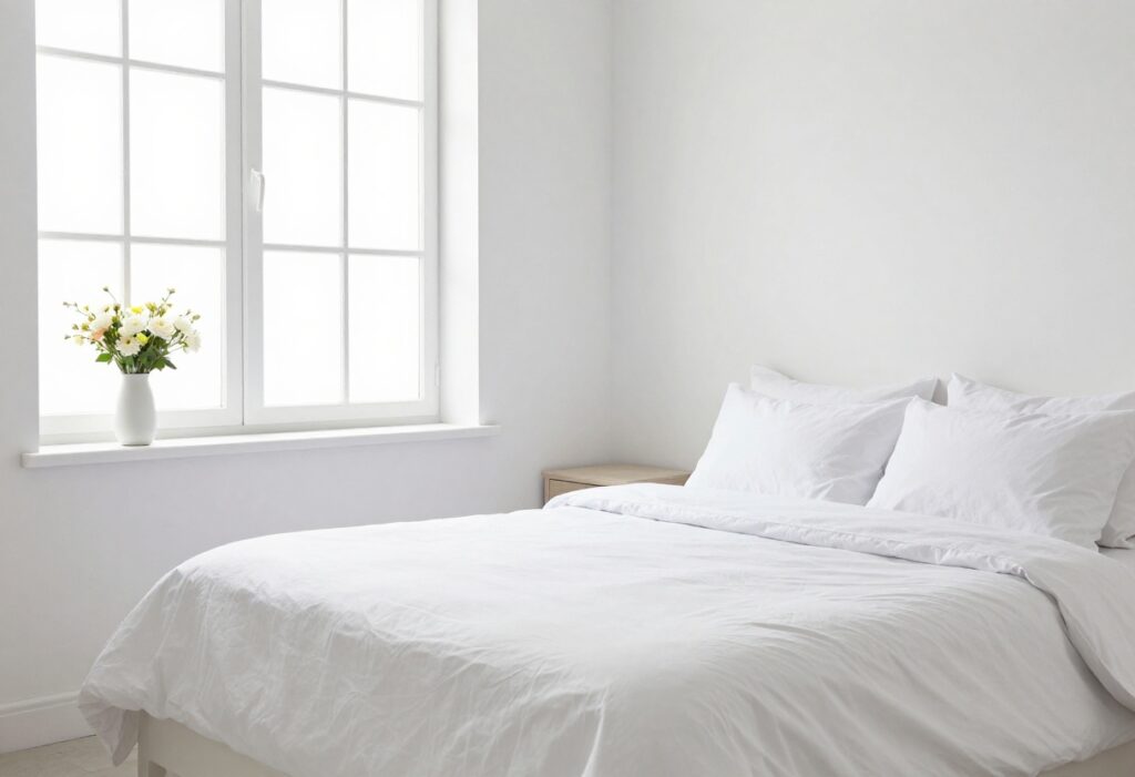 A clean, serene bedroom with fresh white bedding and natural light, no clutter.