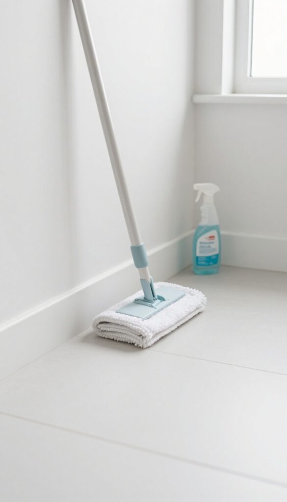 Clean bathroom floor and baseboard with mop and cleaner