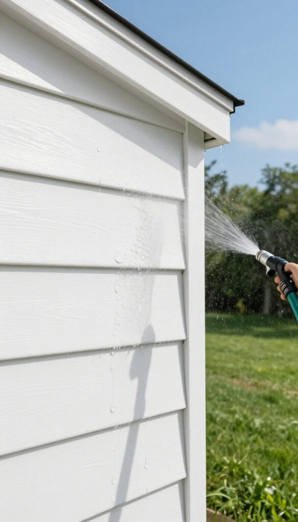 A garden hose spraying water on white vinyl siding, rinsing off dust and cobwebs.