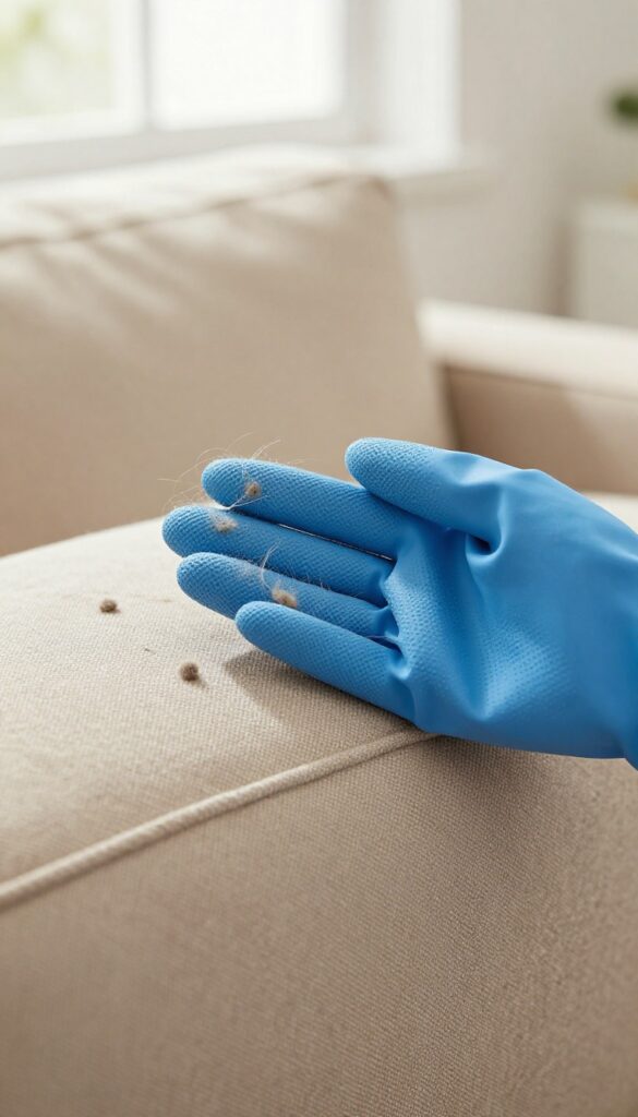 Damp rubber glove removing pet hair from upholstery