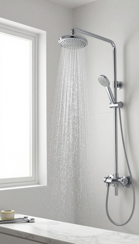 New chrome shower head installed with tools on countertop