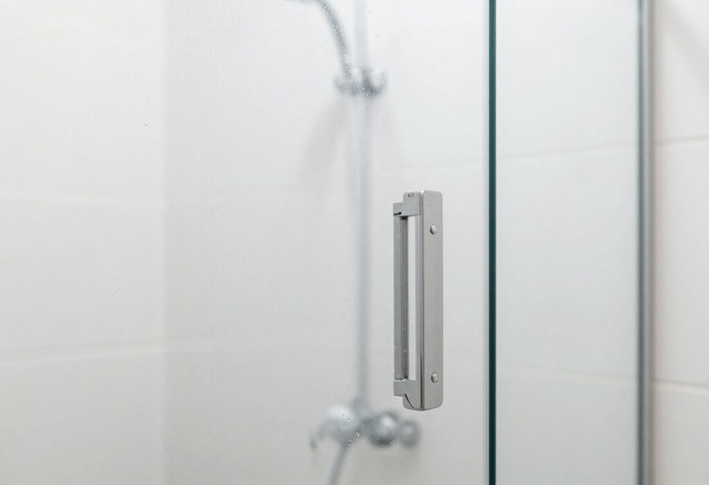 Sparkling clean glass shower door with water beads and streak-free shine
