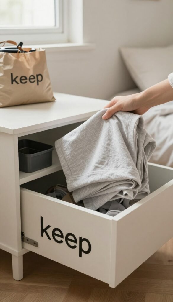 Person holding a shirt, deciding to put it away, with donation bag and trash bin nearby, illustrating the one-touch rule.