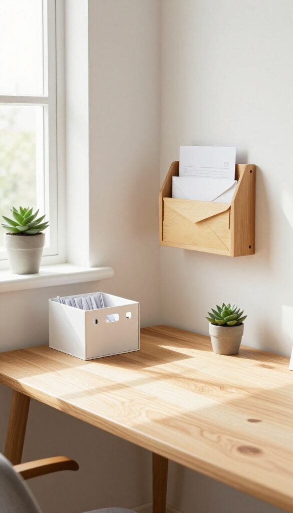 A paper management system with a desktop file box and wall sorter in a bright home office