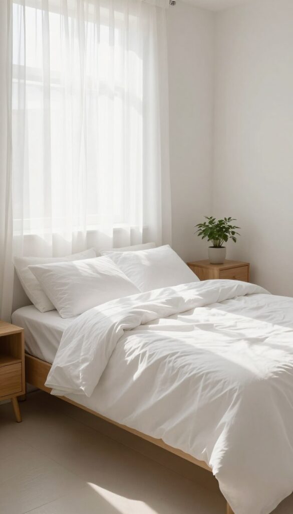 A neatly made bed in a sunlit bedroom, exemplifying a clutter-free and organized space.