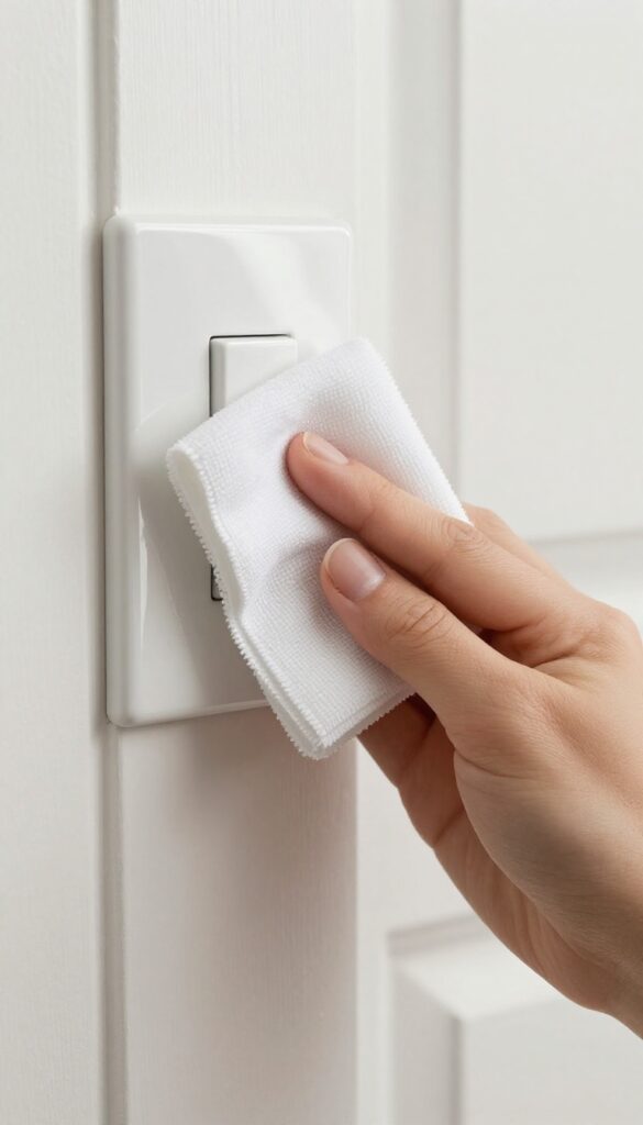Hand wiping a light switch plate with a microfiber cloth, clean door handle in background