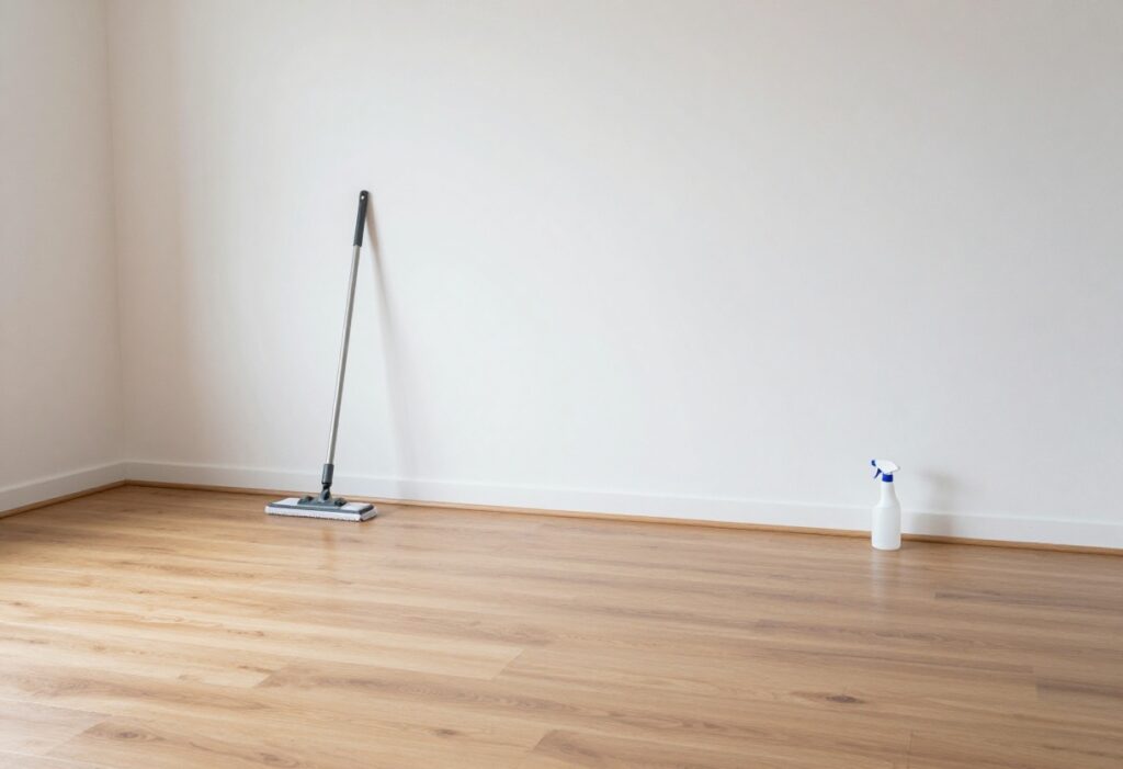 Clean laminate wood floors with a microfiber mop and spray bottle, showing a streak-free shine.
