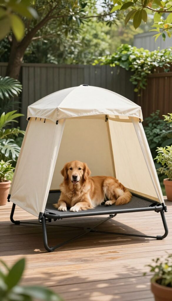 Outdoor patio canopy bed for dogs with elevated cot and UV-protective shade