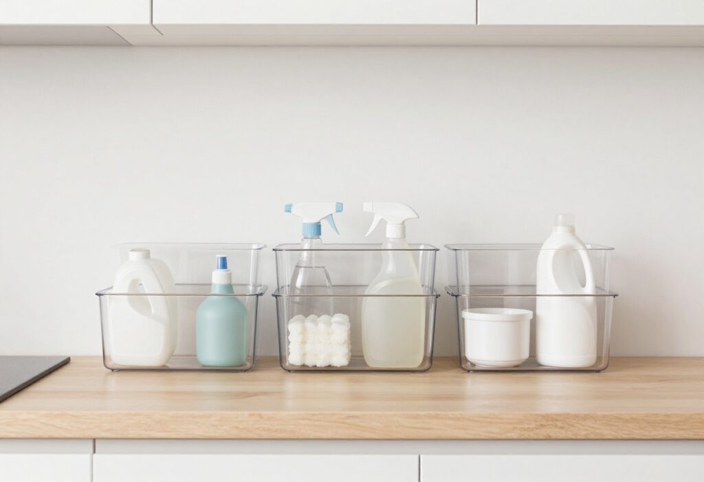 Organized cleaning products in clear bins and a caddy on a kitchen counter